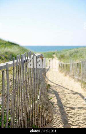 Sandy beach path and fence leading to the ocean, Jetties Beach, Nantucket Island, MA Stock Photo