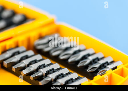 Closeup on phillips and robertson screwdriver insert bits of various sizes Stock Photo