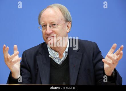 (dpa FILE) - The archive picture, dated 11 December 2012, shows the president of the Berlin arts academy (Akademie der Kuenste) , Klaus Staeck, speaking during a press conference in Berlin, Germany. Staeck is celebrating his 75th birthday on 28th February. Photo: Stephanie Pilick Stock Photo