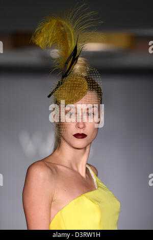 NEW YORK - FEBRUARY 10: Model  Anastasia Khozisova walks runway for Victor de Souza collection at the Strand hotel during Mercedes-Benz Fashion Week on February 10, 2013 in New York City Stock Photo