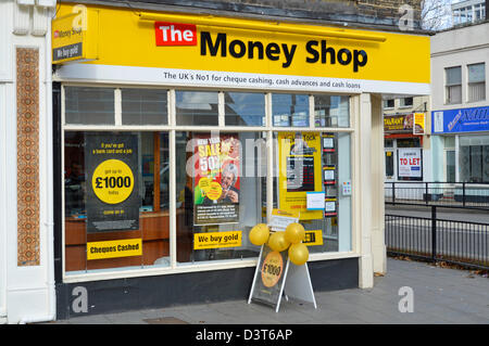 Money Shop front window display for bureau de change cheque cashing advances and cash loans