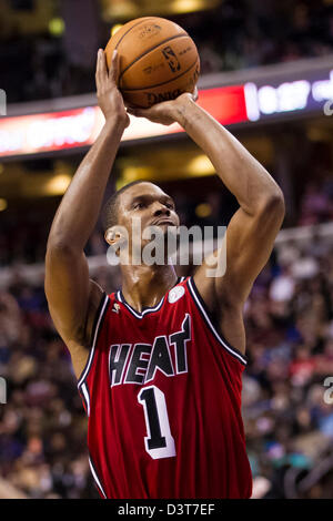 February 23, 2012: Miami Heat center Chris Bosh (1) shoots the free throw during the NBA game between the Miami Heat and the Philadelphia 76ers at the Wells Fargo Center in Philadelphia, Pennsylvania. The Miami Heat beat the Philadelphia 76ers, 114-90. Stock Photo