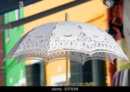 Lace umbrella Made on the Island of Burano Italy Stock Photo