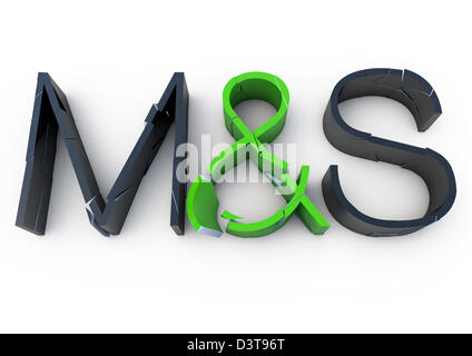 3D render of a cracking and crumbling M&S logo - Concept image - White background Stock Photo