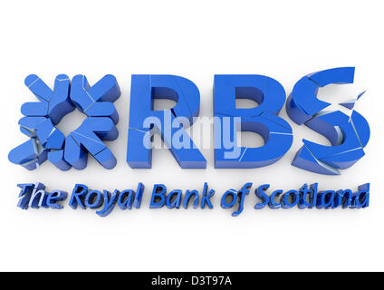 3D render of a cracking and crumbling RBS / Royal Bank of Scotland logo - Concept - White background Stock Photo