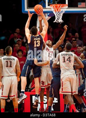 New York, New York, U.S. 24th Feb, 2013. Pitt's forward/center Steve Adams (13) shoots over St. John's forward/center Chris Obekpa (12) in the 1st half during Big East action between the St. John's Red Storm and the Pittsburgh Panthers at Madison Square Garden in New York City. Pittsburgh defeated St. John's 63-47. Stock Photo