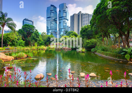 View of high rises from Hong Kong Park in Hong Kong, China Stock Photo