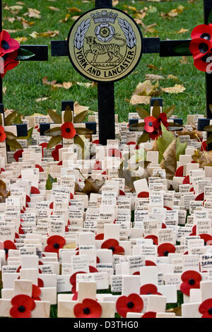 Field of remembrance of crosses and poppies for British soldiers of York and Lancaster regiment Westminster Abbey London England Stock Photo