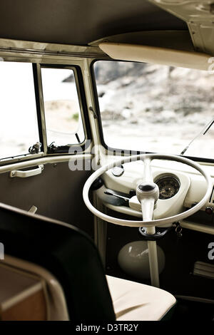 Drivers seat in split screen campervan, St Agnes, Cornwall, UK Stock Photo