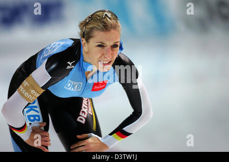 German speed skater Anni Friesinger is exhausted after winning the 1,500 metres of the speed skating world cup in Berlin, Germany, Friday 17 November 2006. Photo: Gero Breloer Stock Photo