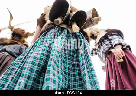 Details of the cowbells that trangas wear at their backs, Carnival of Bielsa, Huesca, Spain Stock Photo