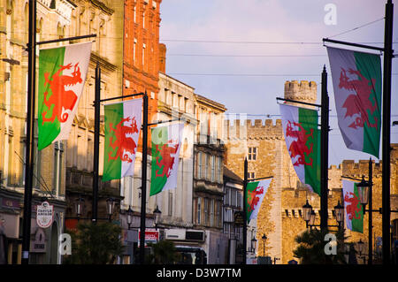 Welsh flags on St Mary Street in Cardiff Stock Photo