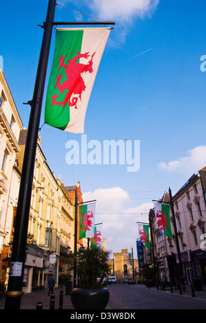 Welsh flags on St Mary Street in Cardiff with castle in background Stock Photo