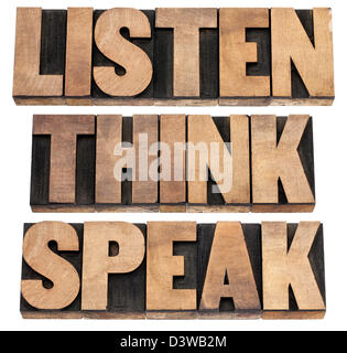 listen, think, speak - communication concept - isolated text in vintage letterpress wood type printing blocks Stock Photo