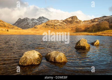 The Langdale Pikes from Blea Tarn in Little langdale, Lake District, UK.