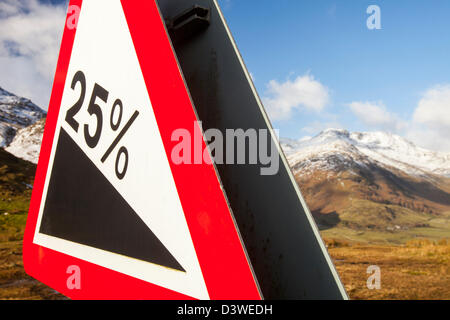A steep road sign above Langale in the Lake District, UK. Stock Photo