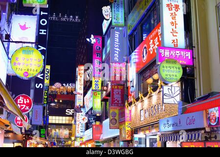 Neon signs in Myeong-dong district of Seoul, South Korea. Stock Photo