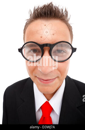 Wide angle view of a student, wearing glasses, atom drawing on his front, representing the knowledge Stock Photo