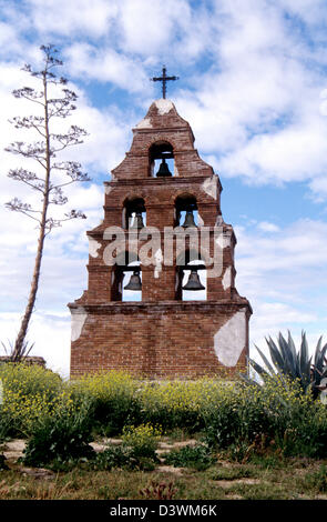 historic bell tower of san Miguel Mission at entrance to the mission in spring Stock Photo