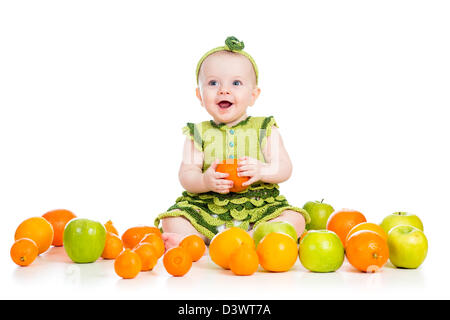 happy baby girl with fruits isolated on white background Stock Photo