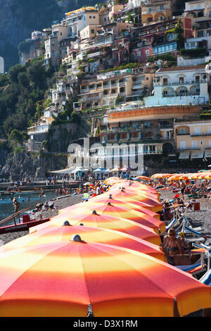 Tourists on the beach, Amalfi, Province Of Salerno, Gulf Of Salerno, Tyrrhenian Sea, Campania, Italy Stock Photo