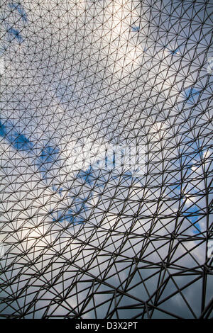 Abstract metallic background and blue sky at Montreal Biosphere. Stock Photo