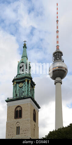 St. Mary's Church (German as the Marienkirche) and TV tower in central Berlin, Germany. Stock Photo