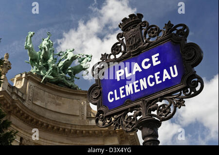Place Clemenceau road sign by Petit Palais, Paris, France. Stock Photo