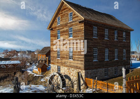 Winter view of some of the structures at historic Benson Grist Mill in Stansbury Park Utah Stock Photo