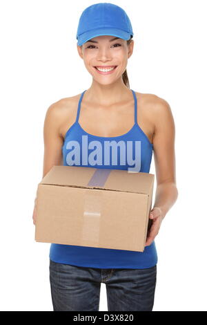 Beautiful young mixed race Caucasian Chinese Asian delivery postal service woman wearing blue cap holding delivering package Stock Photo