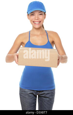 Beautiful young mixed race Caucasian / Chinese Asian woman holding parcel in blue uniform isolated on white background Stock Photo