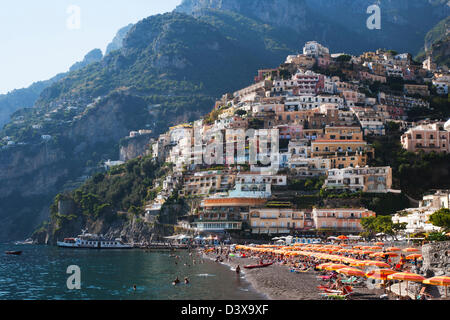 Tourists on the beach, Amalfi, Province Of Salerno, Gulf Of Salerno, Tyrrhenian Sea, Campania, Italy Stock Photo