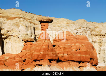 red Hoodoo rock spire contrasting against white sandstone cliffs at the Rimrocks Stock Photo