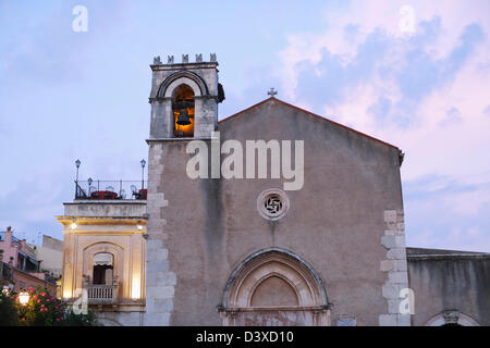 Bell tower of a church, Taormina, Province of Messina, Sicily, Italy Stock Photo