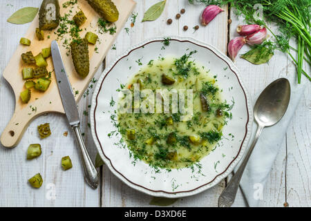 Ingredients for cucumber soup made with fresh gherkins Stock Photo