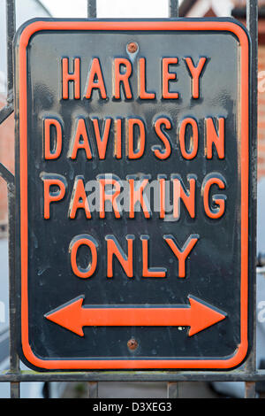 Harley Davidson parking only sign on residential road, Trefecca, Wales, UK Stock Photo