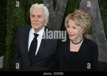 Actor Kirk Douglas and Anne Buydens arrive at the Vanity Fair Oscar Party at Sunset Tower in West Hollywood, Los Angeles, USA, on 24 February 2013. Photo: Hubert Boesl/dpa Stock Photo