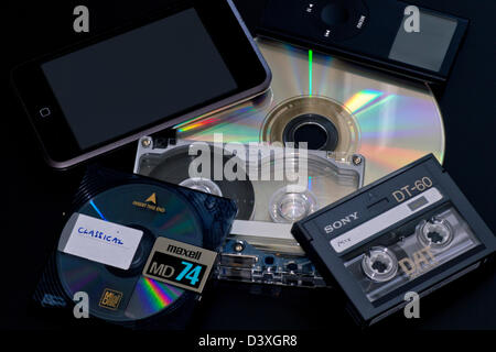 Audio formats: (clockwise fromtop left)  iPod Touch, iPod Mini, CD, Digital Audio Tape (DAT), Cassette Tape (metal),  MiniDisk Stock Photo