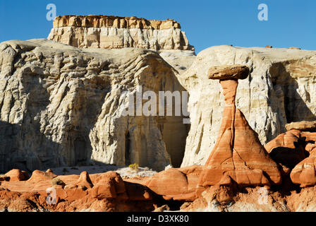 red Hoodoo rock spire contrasting against white sandstone cliffs at the Rimrocks Stock Photo