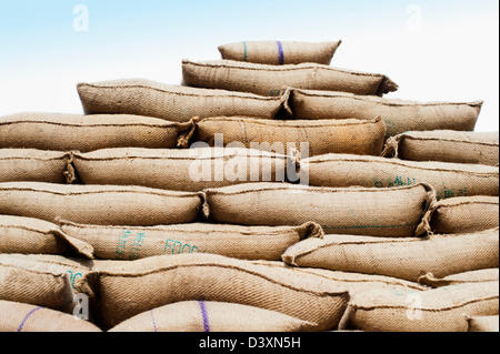 Stacks of wheat sacks in a warehouse, Anaj Mandi, Sohna, Gurgaon, Haryana, India Stock Photo