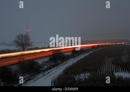 Alt Bork, Germany, light traces of vehicles on the A9 motorway at dusk Stock Photo