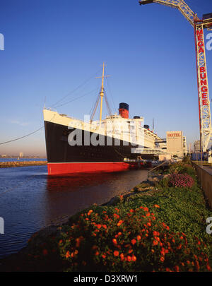 The Queen Mary ship at sunset, Queens Highway, Long Beach, Los Angeles, California, United States of America Stock Photo