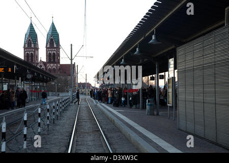 Freiburg, Germany, tram stop with the Sacred Heart Church Stock Photo