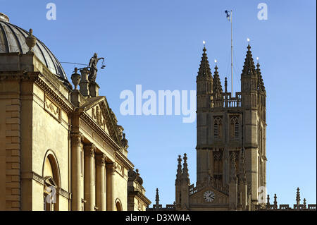 Detail of the 18th century Guildhall and the Abbey tower, Bath, England Stock Photo