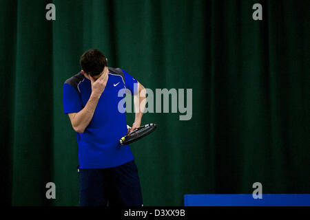 Cardiff, Wales, UK. Tuesday 26th February 2013.  Josh Goodall losing portrait during Josh Goodall v Richard Gabb on day 2 of the Aegon GB Pro-Series at Welsh National Tennis Centre, Cardiff, Wales, UK on 26th February 2013. Gabb beat Goodall 6-3 7-6. Credit: Toby Andrew/Alamy Live News Stock Photo