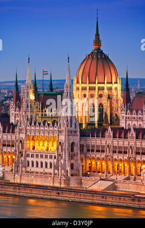 The neo-gothic Hungarian Parliament building, designed by Imre Steindl illuminated at night Budapest, Hungary, Europe, EU, Europe Stock Photo
