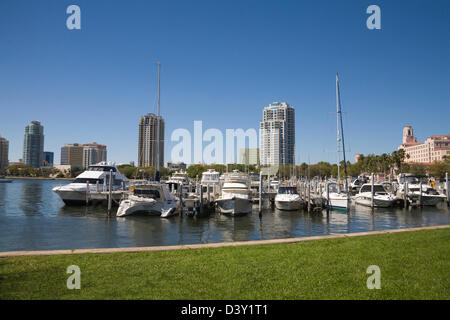 St Petersburg Florida View across North Yacht Basin with expensive moored leisurecraft to Downtown from Vinoy Park Stock Photo