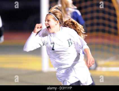 Girls high school soccer GOAL REACTION action in CT USA Stock Photo