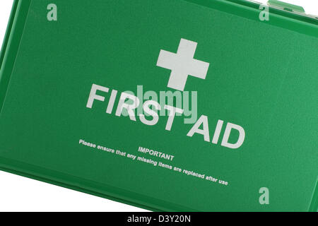 close up of green first aid box isolated on a white background Stock Photo