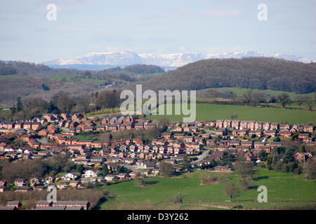 View from Offa's Dyke Path Buttington View with snow topped mountains Welshpool Powys Wales UK Stock Photo